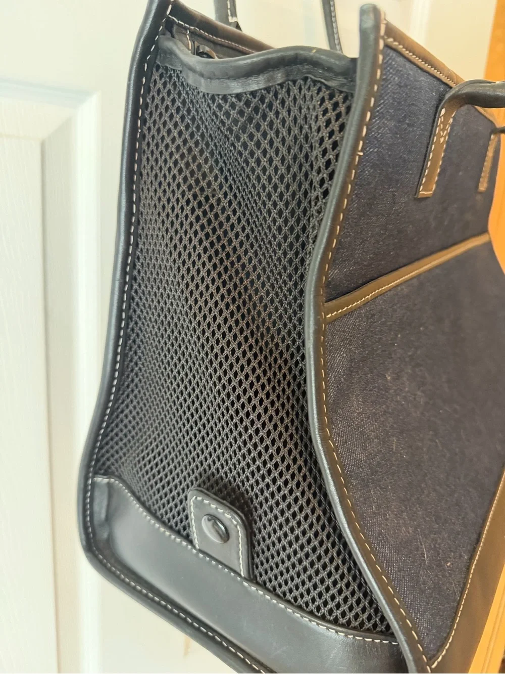 Fifi & Romeo Pet Carrier Denim Navy and Leather Tote with Black Trim